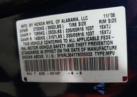 2007 Honda Odyssey Ex z USA, uszkodzony, nr VIN 5FNRL38477B026033